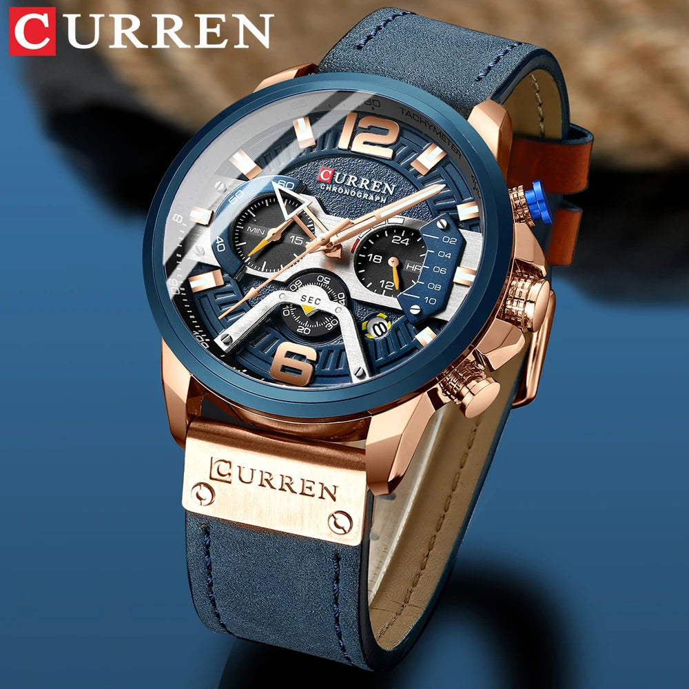 2021 Luxury Men’s Watch – Blue Leather Chronograph, Waterproof Sport Watch