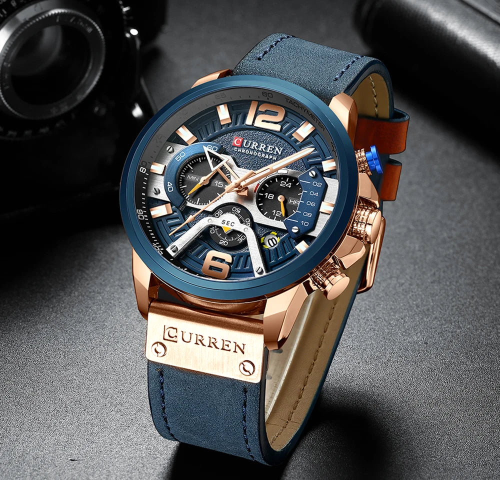 2021 Luxury Men’s Watch – Blue Leather Chronograph, Waterproof Sport Watch