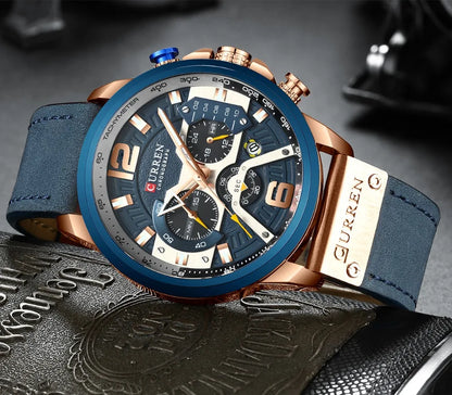 2021 Luxury Men’s Watch – Blue Leather Chronograph, Waterproof Sport Watch