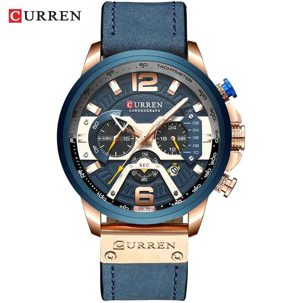 2021 Luxury Men’s Watch – Blue Leather Chronograph, Waterproof Sport Watch