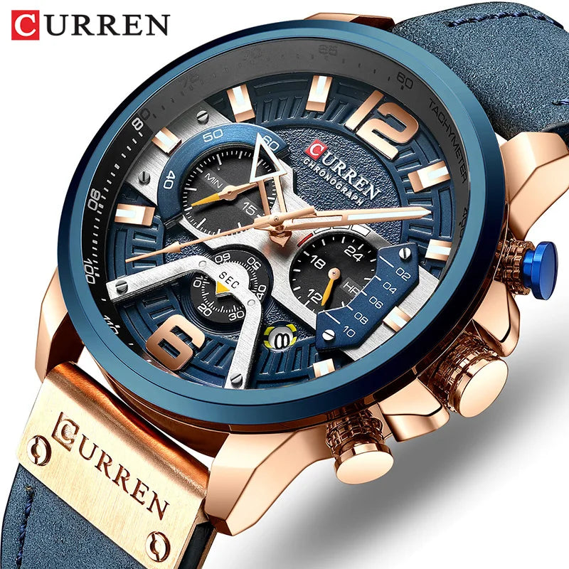 2021 Luxury Men’s Watch – Blue Leather Chronograph, Waterproof Sport Watch