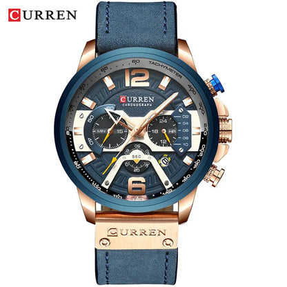 2021 Luxury Men’s Watch – Blue Leather Chronograph, Waterproof Sport Watch