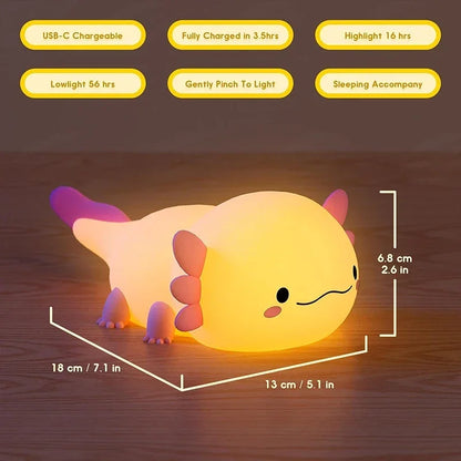 Cute Axolotl Night Light – USB Rechargeable Touch Control Lamp for Kids