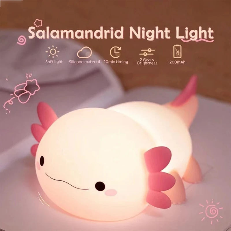 Cute Axolotl Night Light – USB Rechargeable Touch Control Lamp for Kids