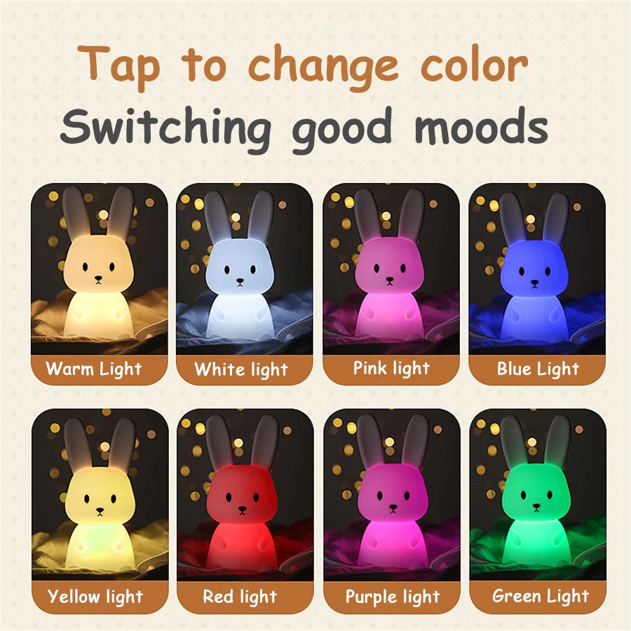 LED Night Light – Cute Rabbit Silicone Lamp, Dimmable USB Rechargeable for Kids